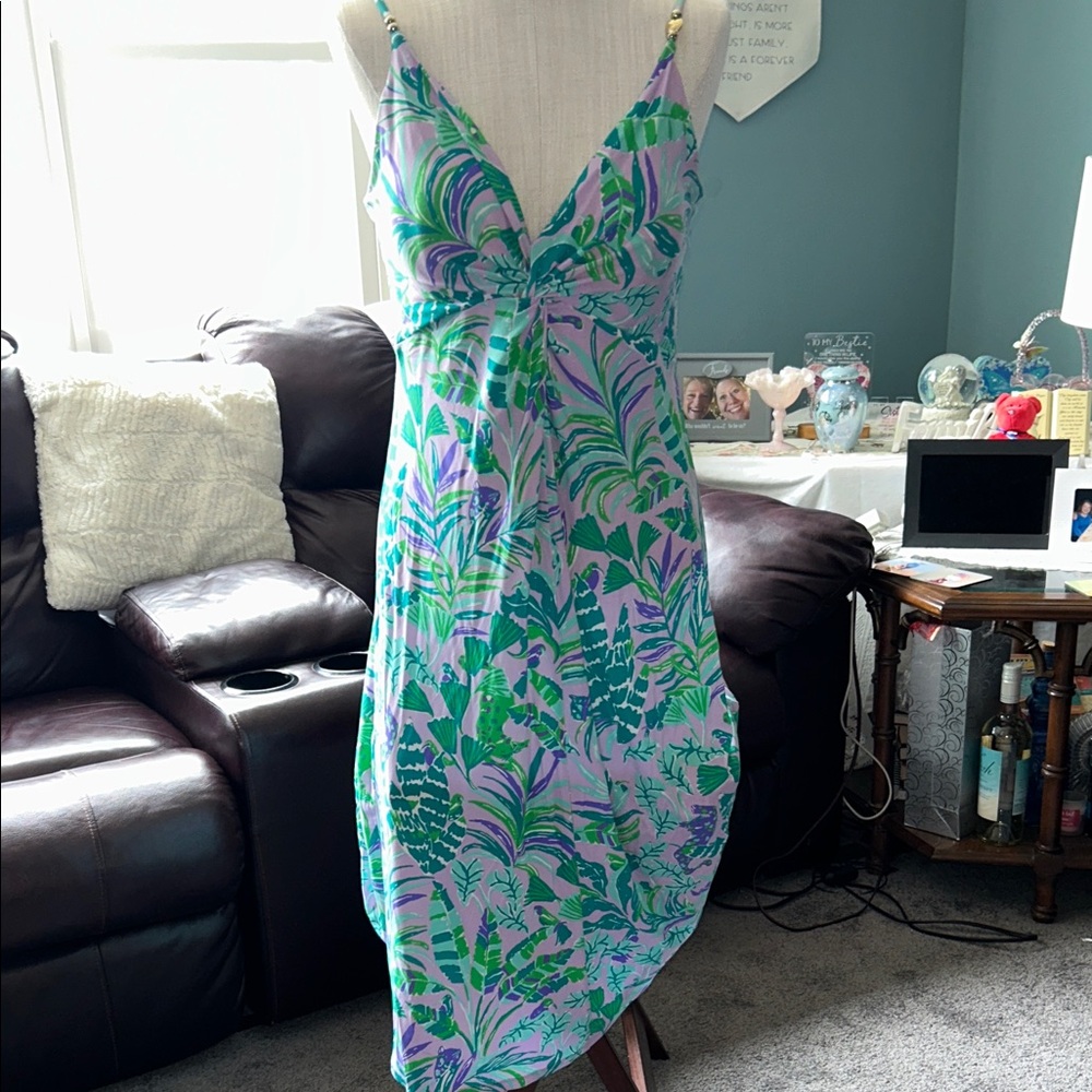 Lilly Pulitzer Green & Lavender Trop V‑Neck Spag Strap Dress S- 14 
Send Offer - Picture 2 of 8